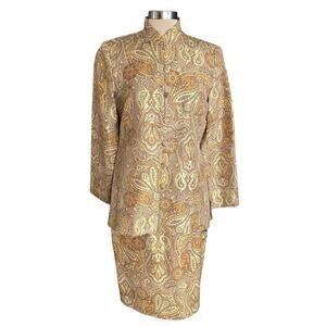 Jeremy Spencer Vintage 100% Silk Tan Gold Paisley 2-Piece Blazer/Skirt Set Sz 10